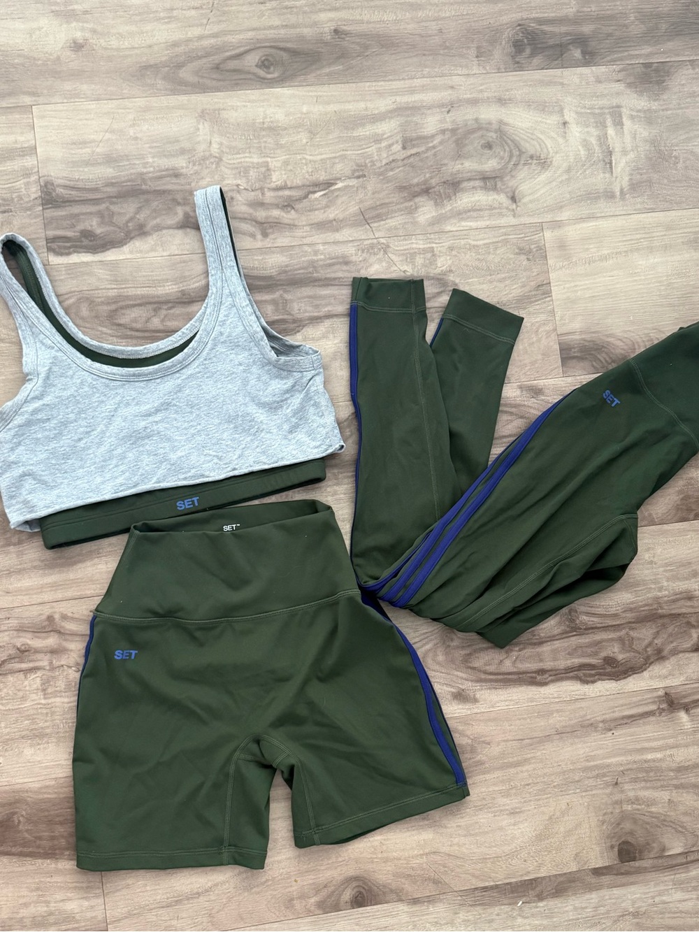 SET Active Olive Green High-Rise Athletic Shorts with Grey Sports Bra